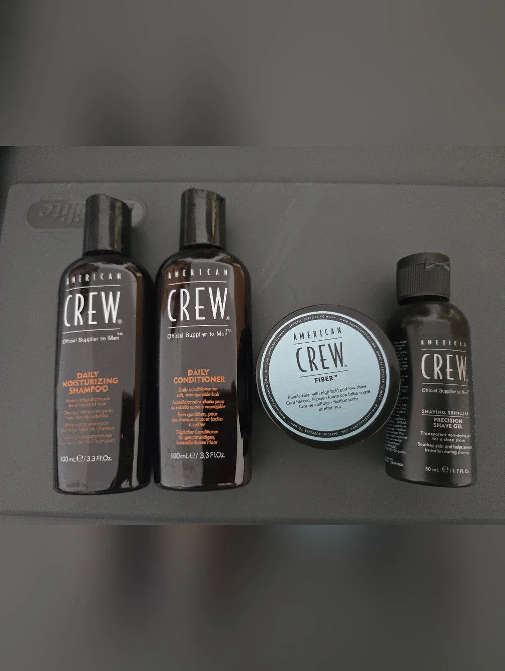 THREE American Crew 4-piece travel set-shampoo,conditioner,fiber Cream,shave Gel